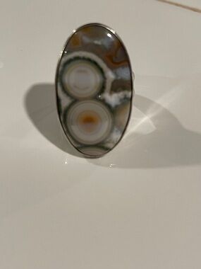 QVC Handcrafted Ocean Jasper Oval Statement Ring .925 Sz adjustable jewelry -